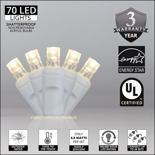 5mm Warm White LED Christmas Lights, White Wire