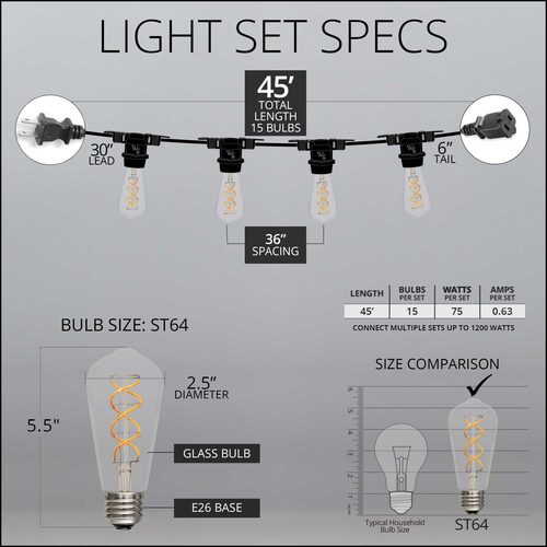 FlexFilament TM LED Patio String Light Set with 10 5W ST64 Edison Bulbs on Black Wire