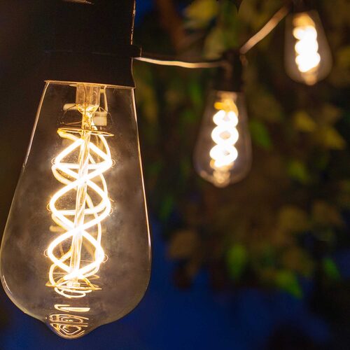 FlexFilament TM LED Patio String Light Set with 10 5W ST64 Edison Bulbs on Black Wire