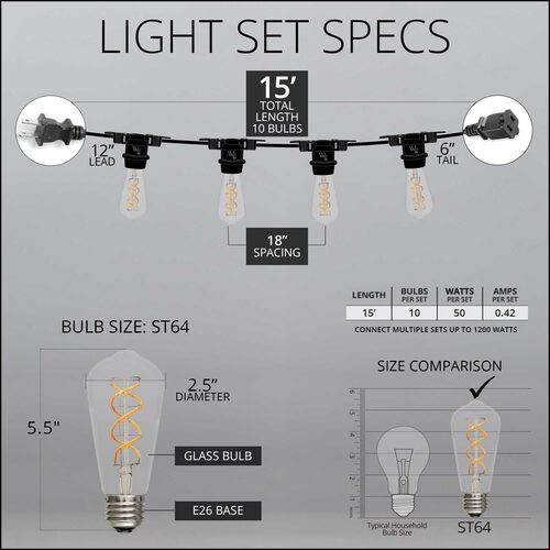FlexFilament TM LED Patio String Light Set with 10 5W ST64 Edison Bulbs on Black Wire