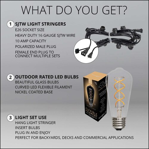 FlexFilament TM LED Patio String Light Set with 10 5W ST64 Edison Bulbs on Black Wire