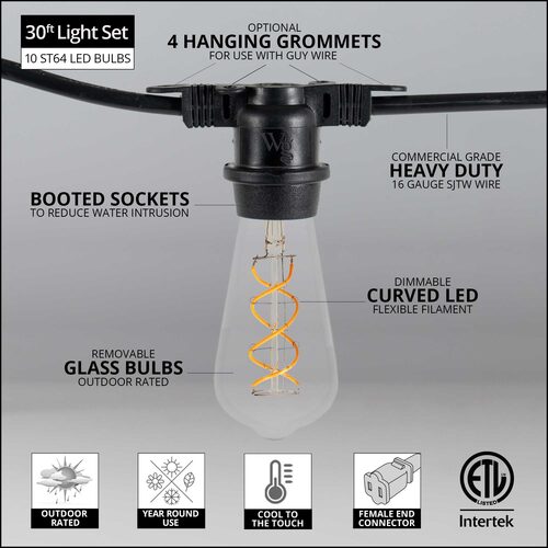 FlexFilament TM LED Patio String Light Set with 10 5W ST64 Edison Bulbs on Black Wire