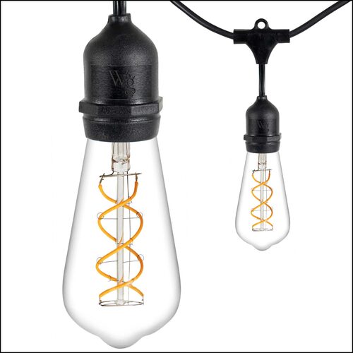 FlexFilament TM LED Patio String Light Set with 10 5W ST64 Edison Bulbs on Black Wire, with Drops