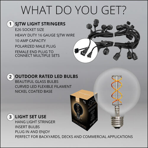 FlexFilament TM LED Patio String Light Set with G95 Edison Bulbs on Black Wire, with Drops