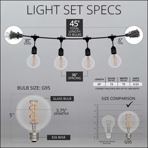FlexFilament TM LED Patio String Light Set with G95 Edison Bulbs on Black Wire, with Drops