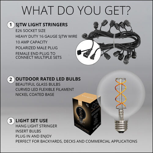 FlexFilament TM LED Patio String Light Set with G95 Edison Bulbs on Black Wire, with Drops