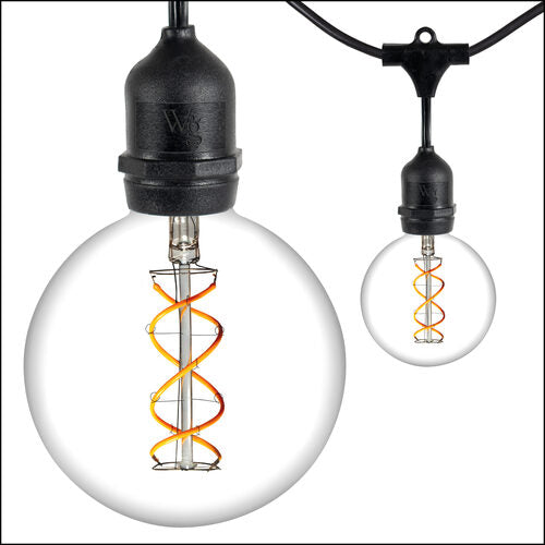 FlexFilament TM LED Patio String Light Set with G95 Edison Bulbs on Black Wire, with Drops