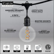 FlexFilament TM LED Patio String Light Set with G95 Edison Bulbs on Black Wire, with Drops