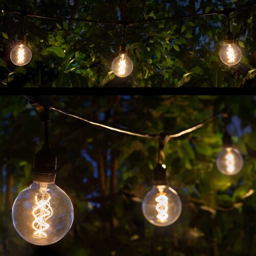 FlexFilament TM LED Patio String Light Set with G95 Edison Bulbs on Black Wire, with Drops