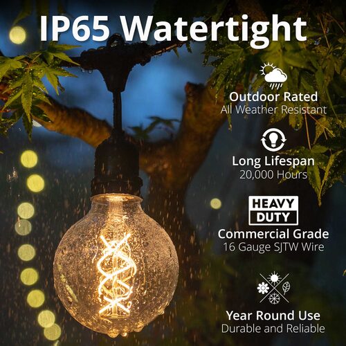 FlexFilament TM LED Patio String Light Set with G95 Edison Bulbs on Black Wire, with Drops