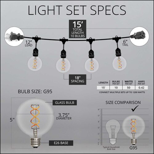 FlexFilament TM LED Patio String Light Set with G95 Edison Bulbs on Black Wire, with Drops