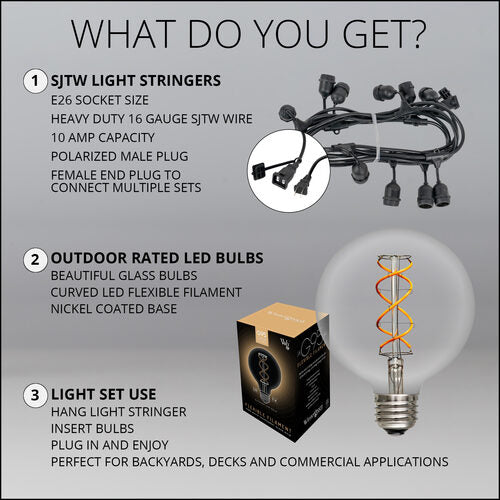 FlexFilament TM LED Patio String Light Set with G95 Edison Bulbs on Black Wire, with Drops