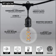 FlexFilament TM LED Patio String Light Set with G95 Edison Bulbs on Black Wire, with Drops