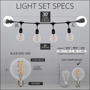 FlexFilament TM LED Patio String Light Set with G95 Edison Bulbs on Black Wire, with Drops