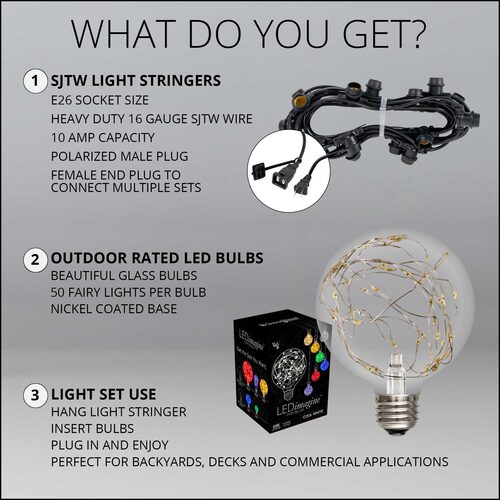 RGB Color Change LEDimagine TM Patio String Light Set with G95 Fairy Light Bulbs on Black Wire