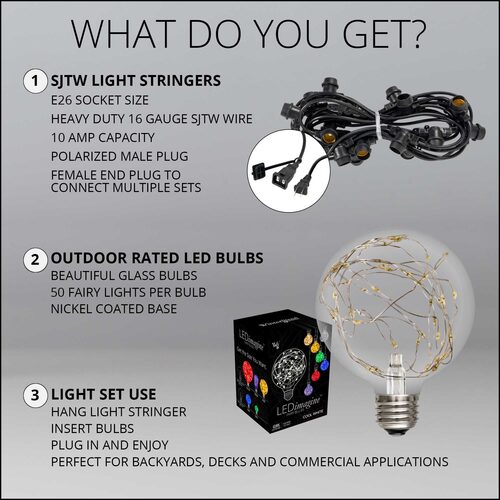 RGB Color Change LEDimagine TM Patio String Light Set with G95 Fairy Light Bulbs on Black Wire
