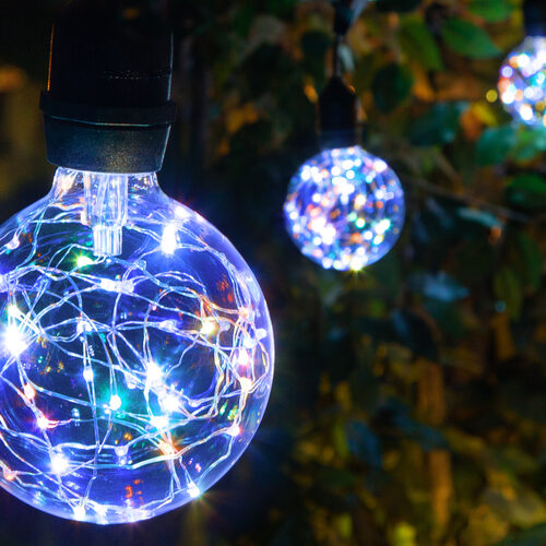RGB Color Change LEDimagine TM Patio String Light Set with G95 Fairy Light Bulbs on Black Wire, with Drops