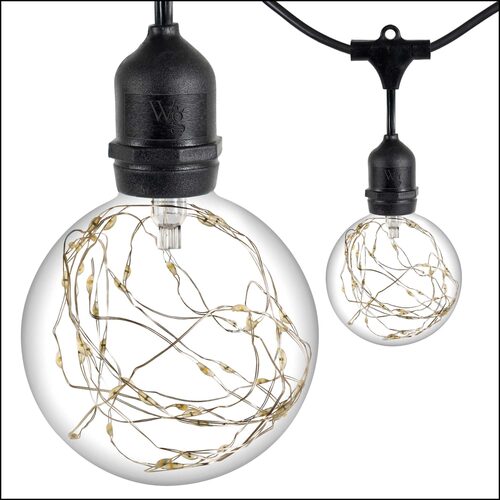 RGB Color Change LEDimagine TM Patio String Light Set with G95 Fairy Light Bulbs on Black Wire, with Drops