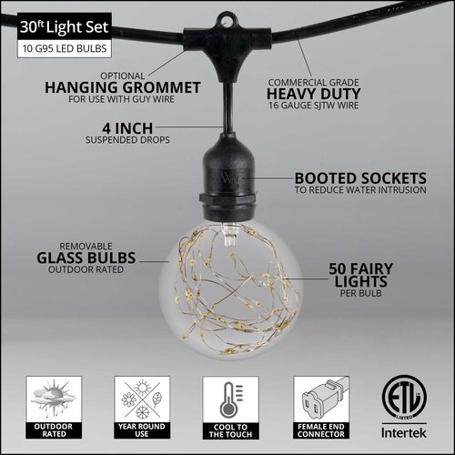 RGB Color Change LEDimagine TM Patio String Light Set with G95 Fairy Light Bulbs on Black Wire, with Drops