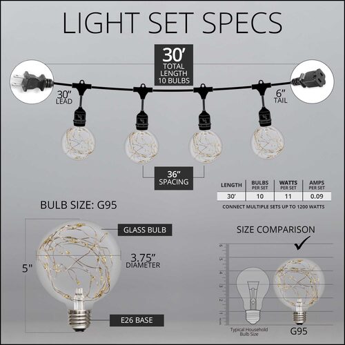 RGB Color Change LEDimagine TM Patio String Light Set with G95 Fairy Light Bulbs on Black Wire, with Drops