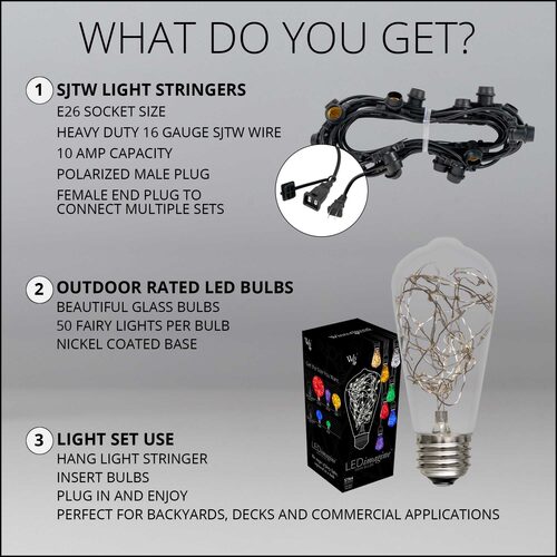RGB Color Change LEDimagine TM Patio String Light Set with 10 ST64 Fairy Light Bulbs on Black Wire
