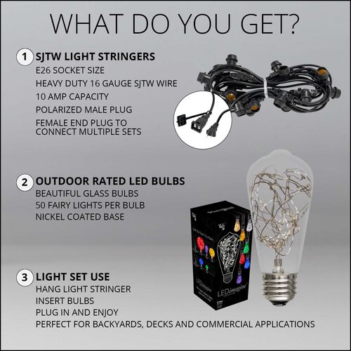RGB Color Change LEDimagine TM Patio String Light Set with 10 ST64 Fairy Light Bulbs on Black Wire