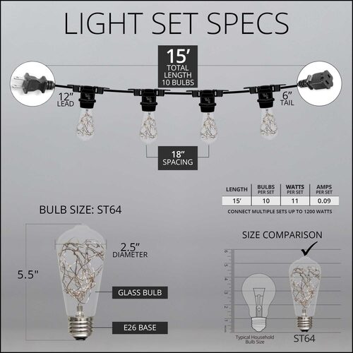 RGB Color Change LEDimagine TM Patio String Light Set with 10 ST64 Fairy Light Bulbs on Black Wire