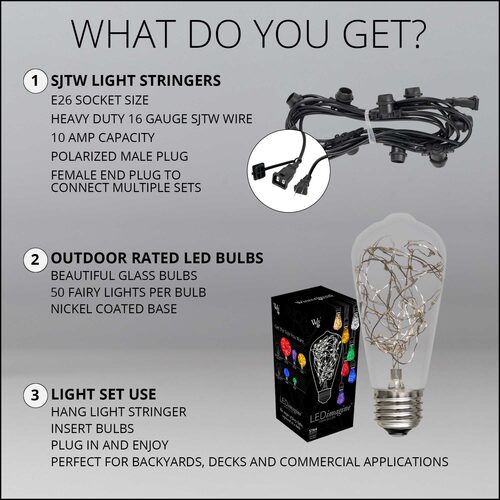 RGB Color Change LEDimagine TM Patio String Light Set with 10 ST64 Fairy Light Bulbs on Black Wire