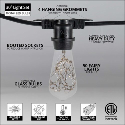 RGB Color Change LEDimagine TM Patio String Light Set with 10 ST64 Fairy Light Bulbs on Black Wire
