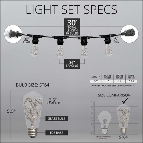 RGB Color Change LEDimagine TM Patio String Light Set with 10 ST64 Fairy Light Bulbs on Black Wire