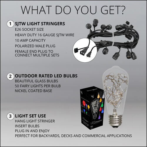 RGB Color Change LEDimagine TM Patio String Light Set with 10 ST64 Fairy Light Bulbs on Black Wire, with Drops