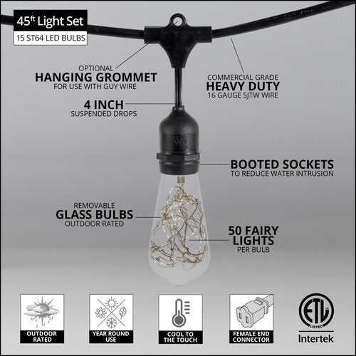 RGB Color Change LEDimagine TM Patio String Light Set with 10 ST64 Fairy Light Bulbs on Black Wire, with Drops