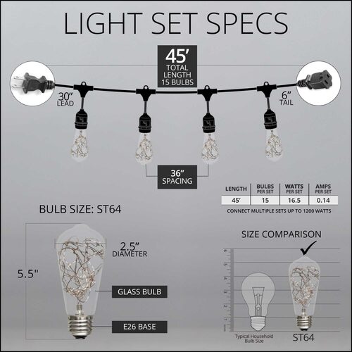 RGB Color Change LEDimagine TM Patio String Light Set with 10 ST64 Fairy Light Bulbs on Black Wire, with Drops