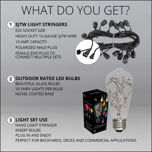 RGB Color Change LEDimagine TM Patio String Light Set with 10 ST64 Fairy Light Bulbs on Black Wire, with Drops