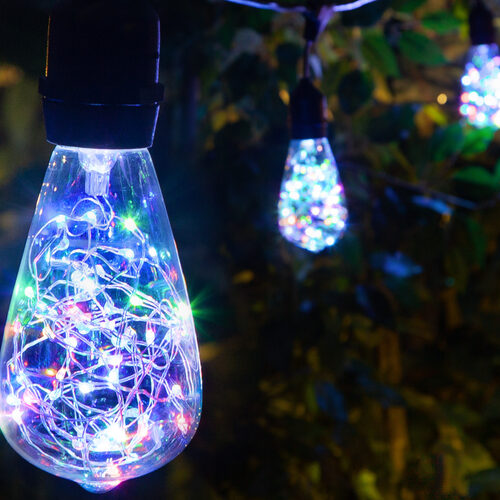 RGB Color Change LEDimagine TM Patio String Light Set with 10 ST64 Fairy Light Bulbs on Black Wire, with Drops