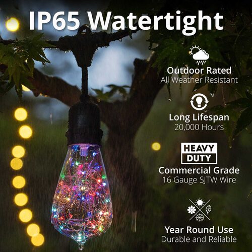 RGB Color Change LEDimagine TM Patio String Light Set with 10 ST64 Fairy Light Bulbs on Black Wire, with Drops