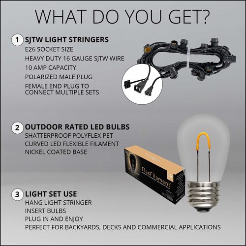 Warm White FlexFilament TM Shatterproof LED Patio String Light Set with S14 Bulbs on Black Wire