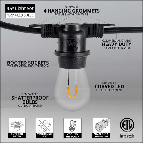 Warm White FlexFilament TM Shatterproof LED Patio String Light Set with S14 Bulbs on Black Wire