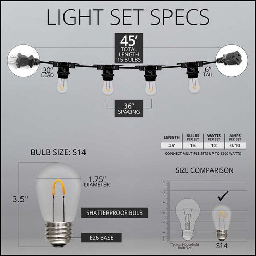 Warm White FlexFilament TM Shatterproof LED Patio String Light Set with S14 Bulbs on Black Wire