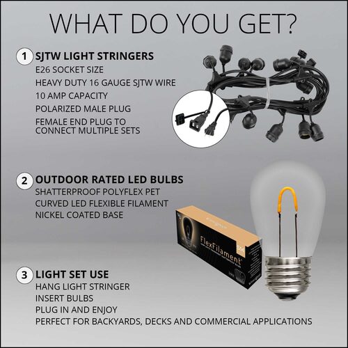 Warm White FlexFilament TM Shatterproof LED Patio String Light Set with S14 Bulbs on Black Wire, with Drops