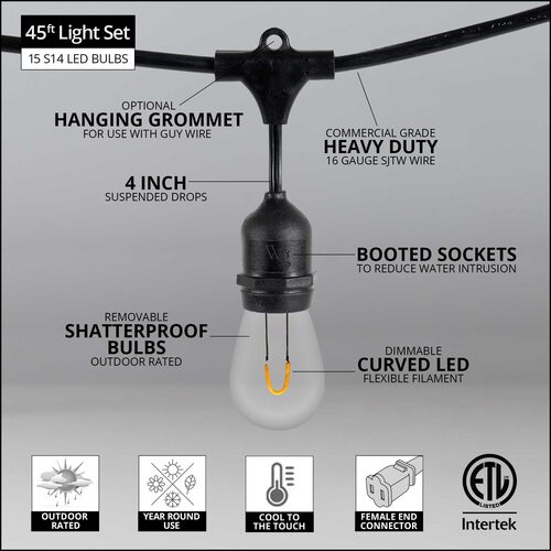 Warm White FlexFilament TM Shatterproof LED Patio String Light Set with S14 Bulbs on Black Wire, with Drops