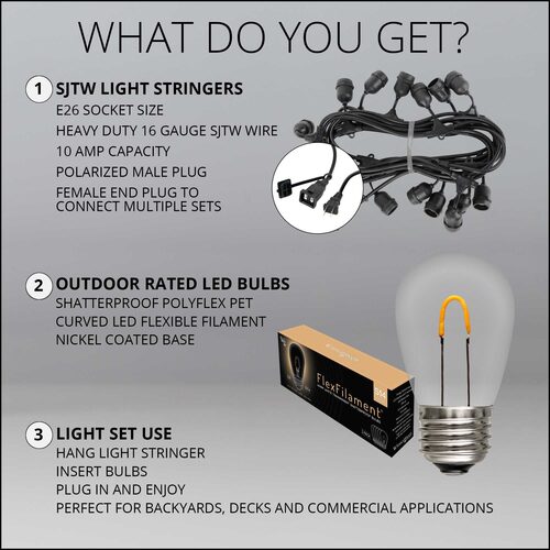 Warm White FlexFilament TM Shatterproof LED Patio String Light Set with S14 Bulbs on Black Wire, with Drops