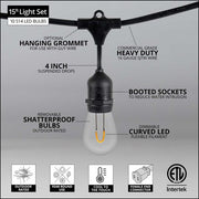 Warm White FlexFilament TM Shatterproof LED Patio String Light Set with S14 Bulbs on Black Wire, with Drops