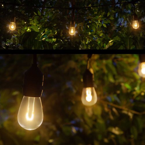 Warm White FlexFilament TM Shatterproof LED Patio String Light Set with S14 Bulbs on Black Wire, with Drops