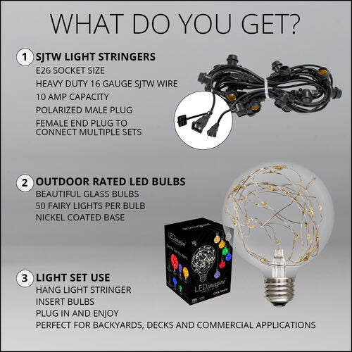Warm White LEDimagine TM Patio String Light Set with G95 Fairy Light Bulbs on Black Wire