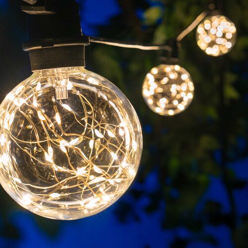 Warm White LEDimagine TM Patio String Light Set with G95 Fairy Light Bulbs on Black Wire