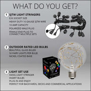 Warm White LEDimagine TM Patio String Light Set with G95 Fairy Light Bulbs on Black Wire, with Drops