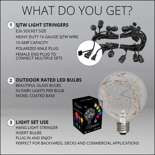 Warm White LEDimagine TM Patio String Light Set with G95 Fairy Light Bulbs on Black Wire, with Drops
