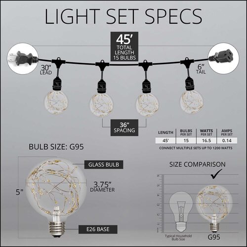 Warm White LEDimagine TM Patio String Light Set with G95 Fairy Light Bulbs on Black Wire, with Drops