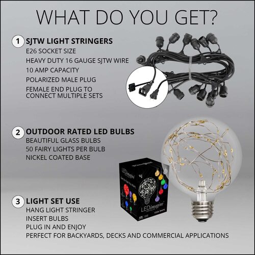 Warm White LEDimagine TM Patio String Light Set with G95 Fairy Light Bulbs on Black Wire, with Drops